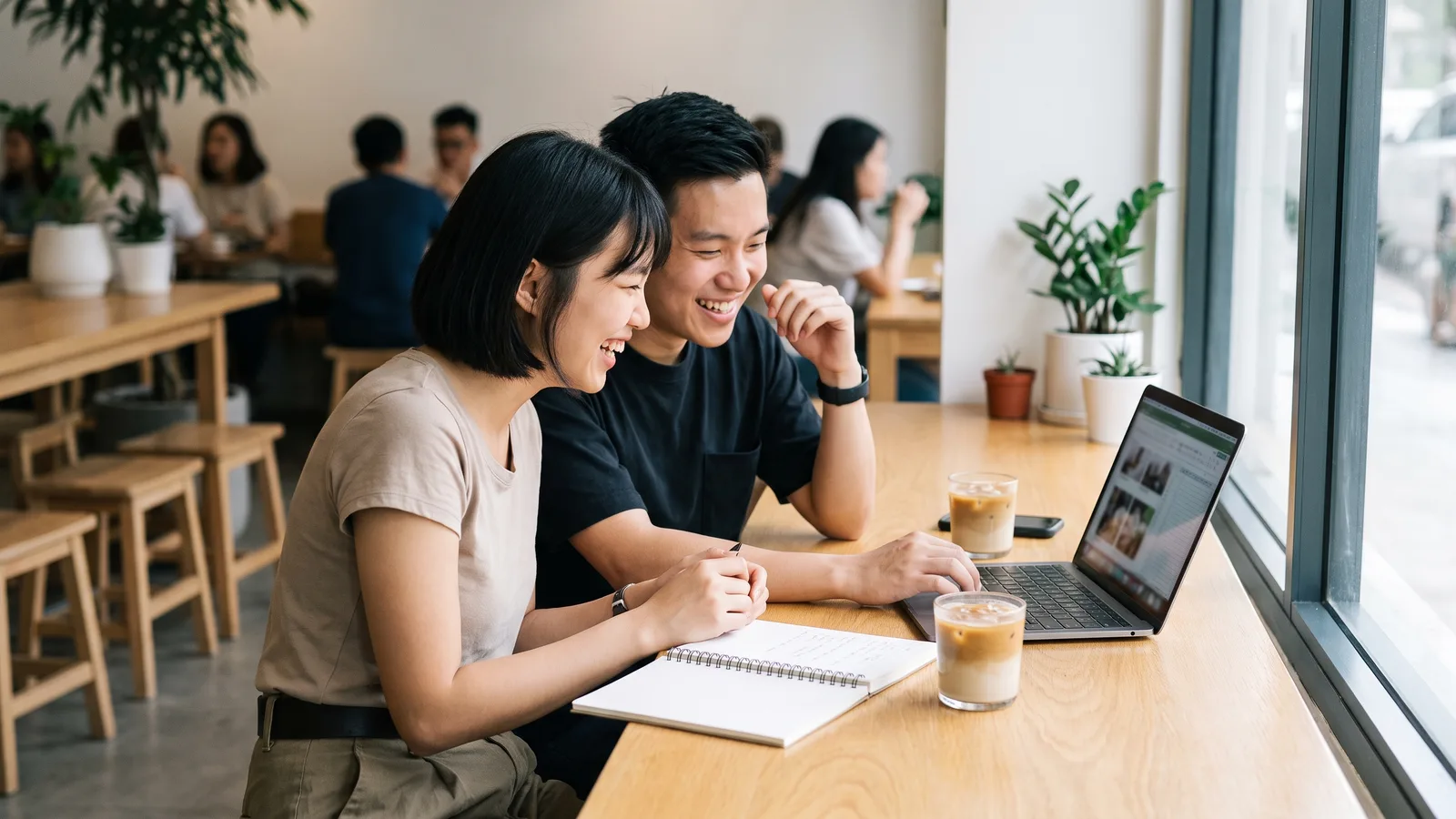 A couple comparing wedding vendors on a laptop at a café in Singapore