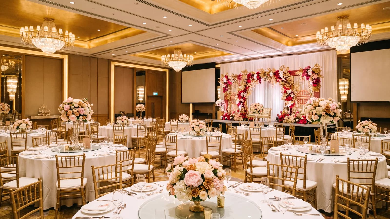 A Singapore wedding dinner set up in a hotel ballroom