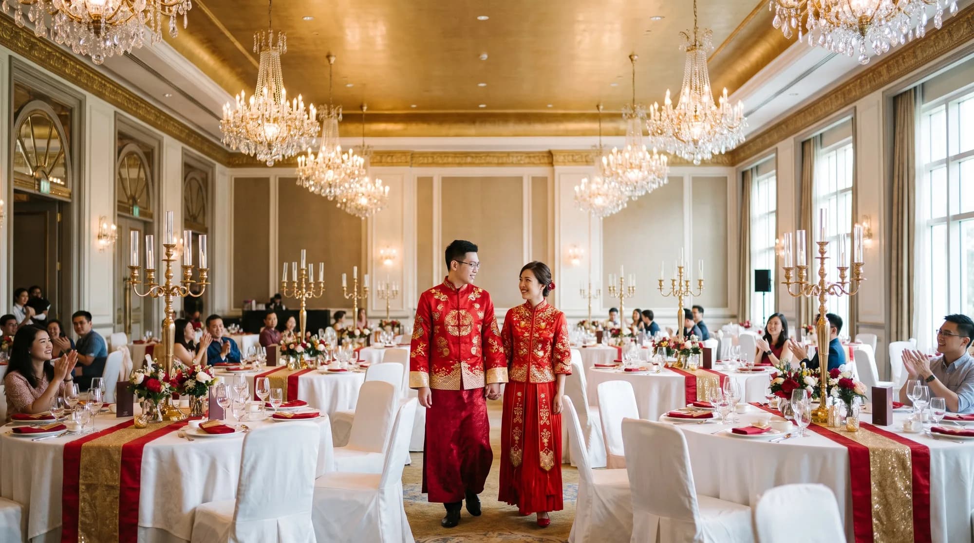 A grand hotel ballroom in Singapore set for a Chinese wedding banquet