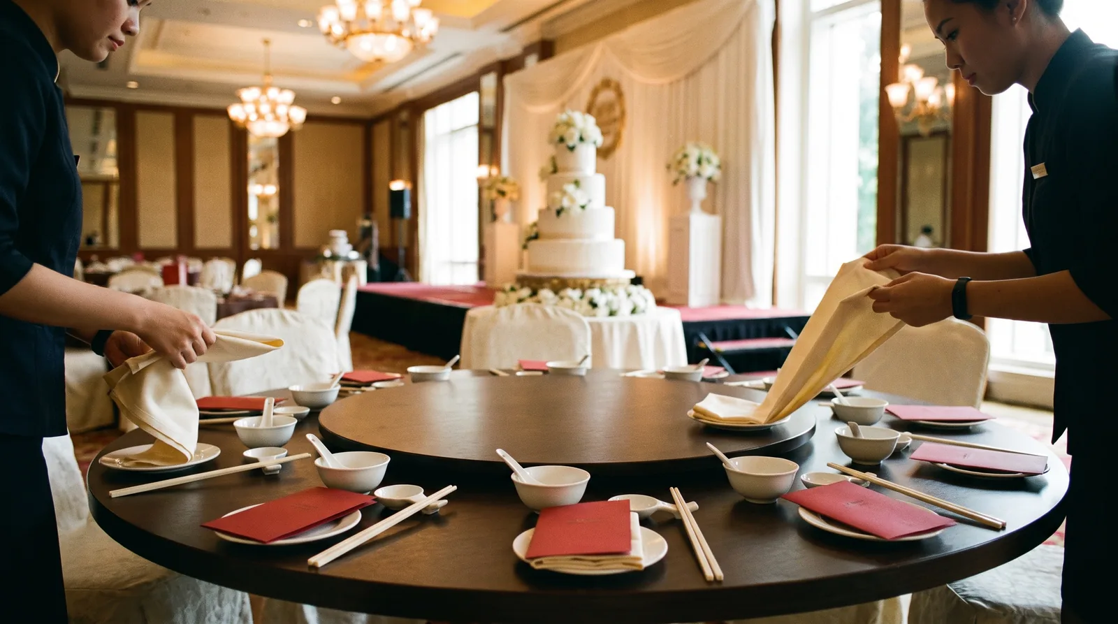 A banquet table of ten being set with chopsticks