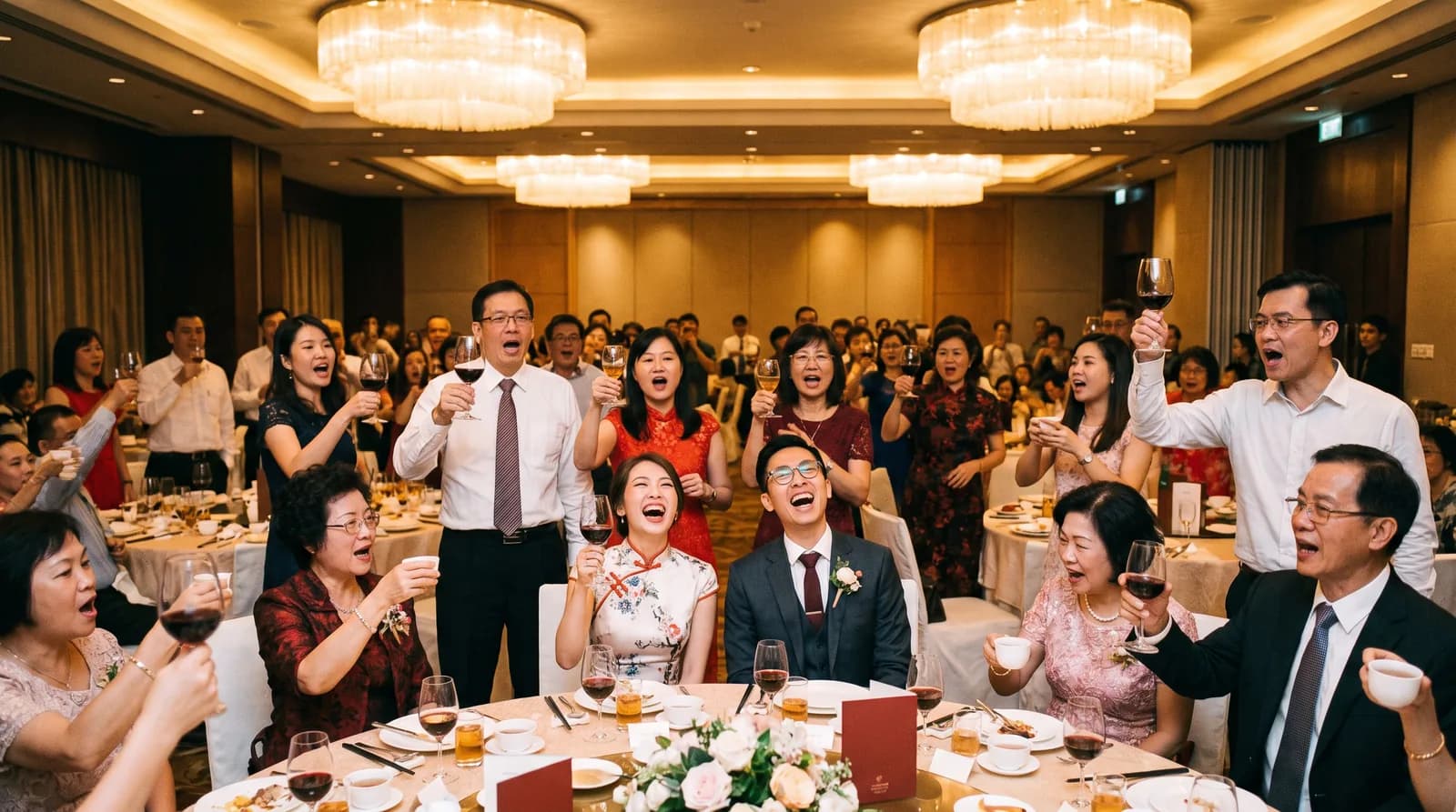 Guests standing to raise glasses for a loud yam seng toast at a Chinese wedding banquet