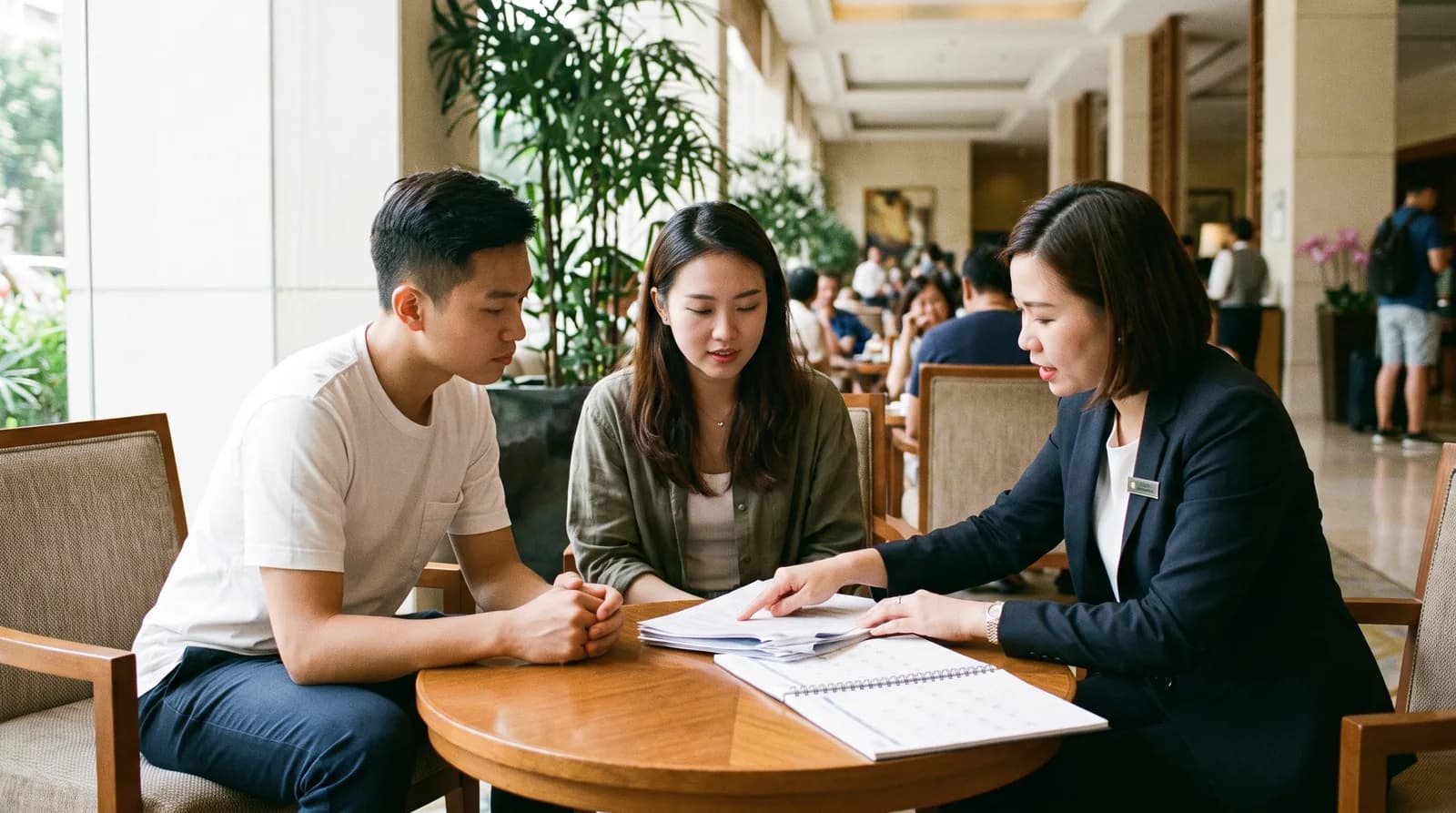 A young Chinese couple sitting with a hotel banquet manager at a lobby table reviewing a printed contract and a calendar