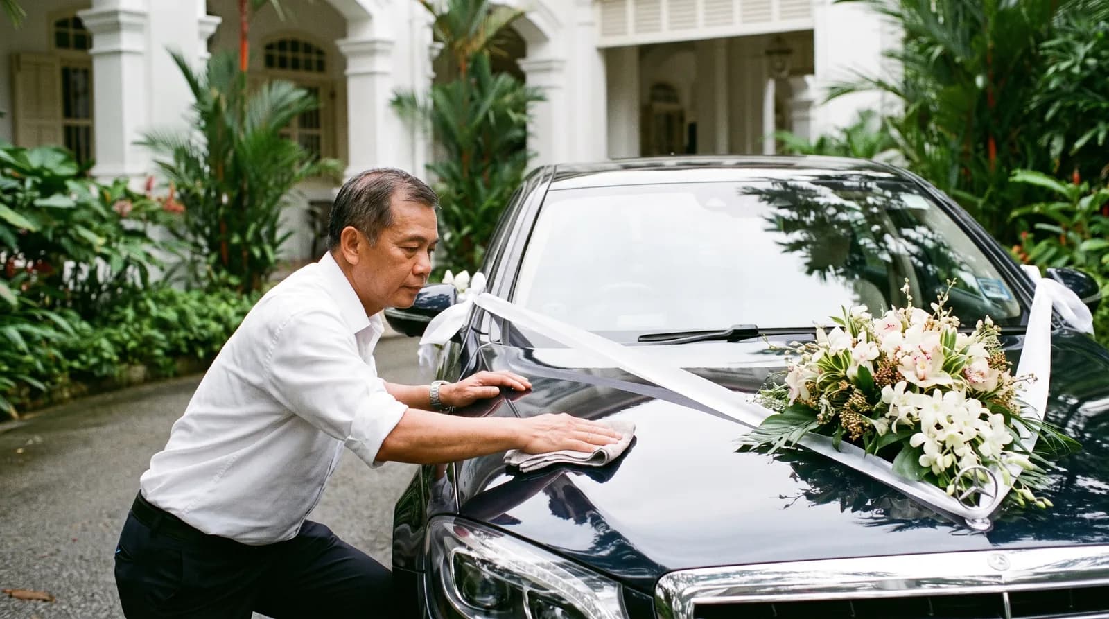 A chauffeur in a white shirt polishing a luxury sedan with ribbons and bonnet flowers before the wedding morning.