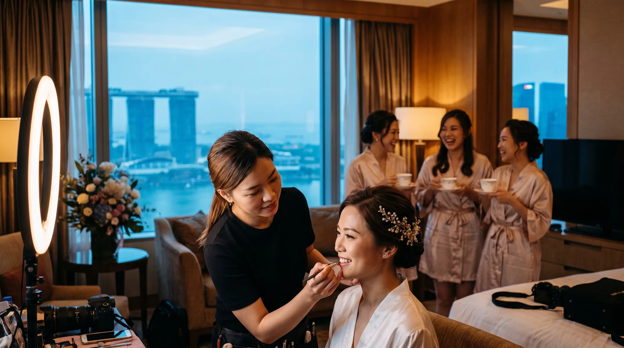 A Singaporean Chinese bride in a hotel suite at dawn having her hair and makeup done by a makeup artist
