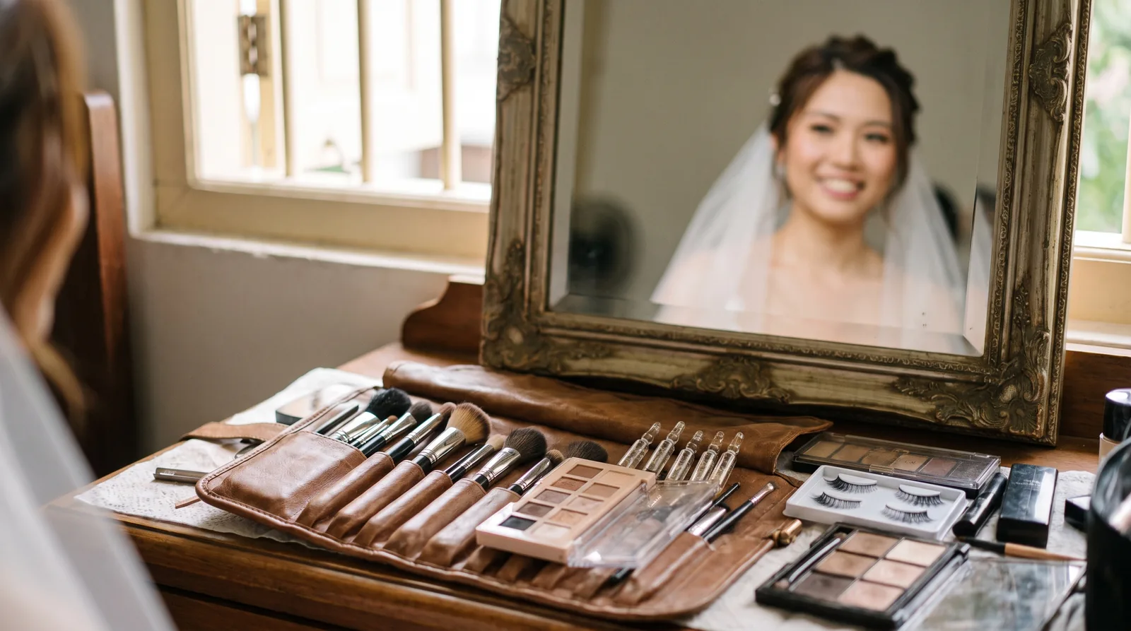 A makeup artist's open kit on a dressing table with brushes