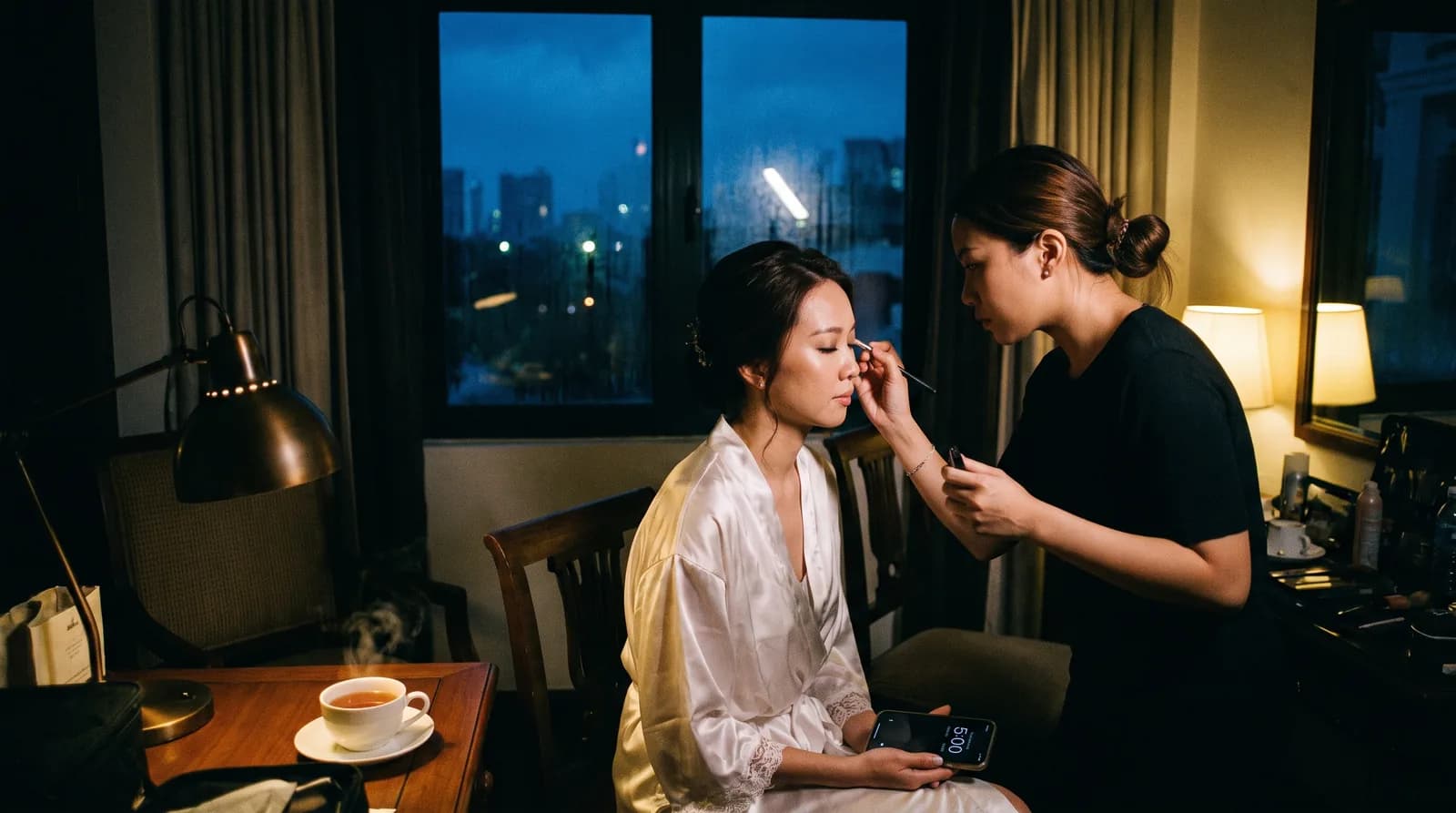 A bride checking her phone showing 5 am while a makeup artist works on her eyes