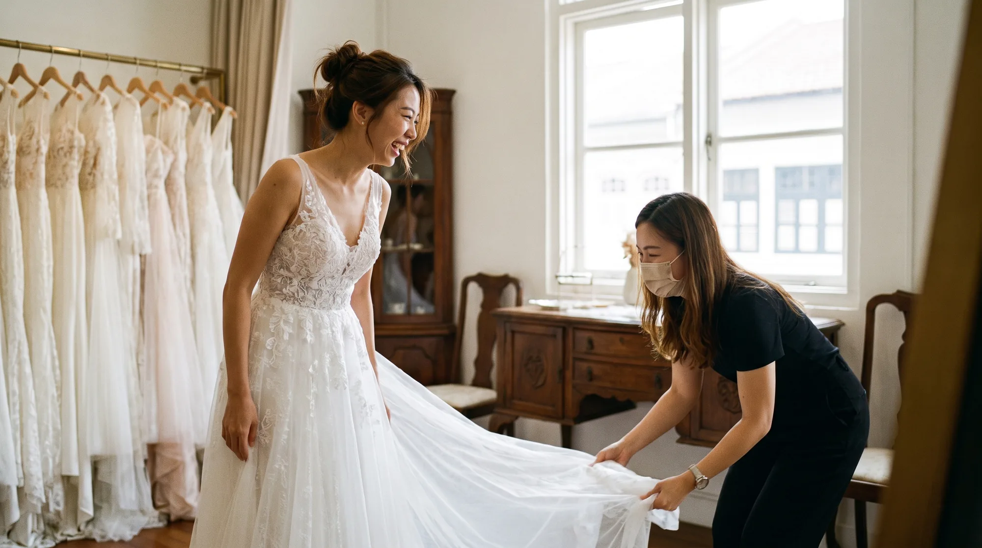 A Singaporean Chinese bride trying on a white lace wedding gown in a bridal boutique in Singapore