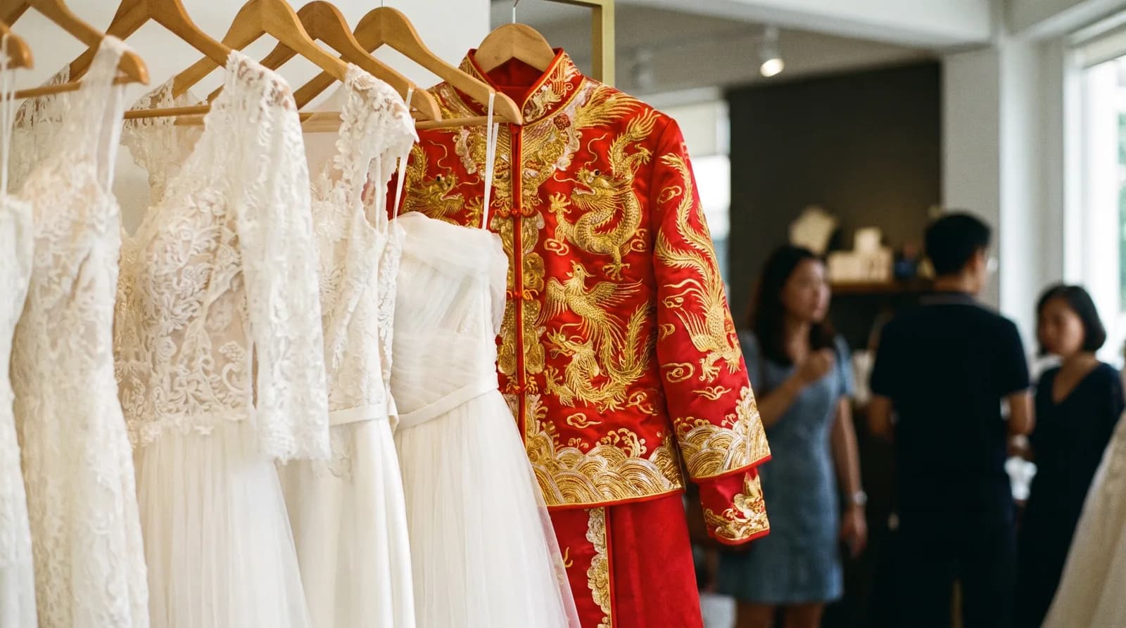 A rail of white wedding gowns and a red and gold embroidered kua jacket hanging together in a bridal boutique