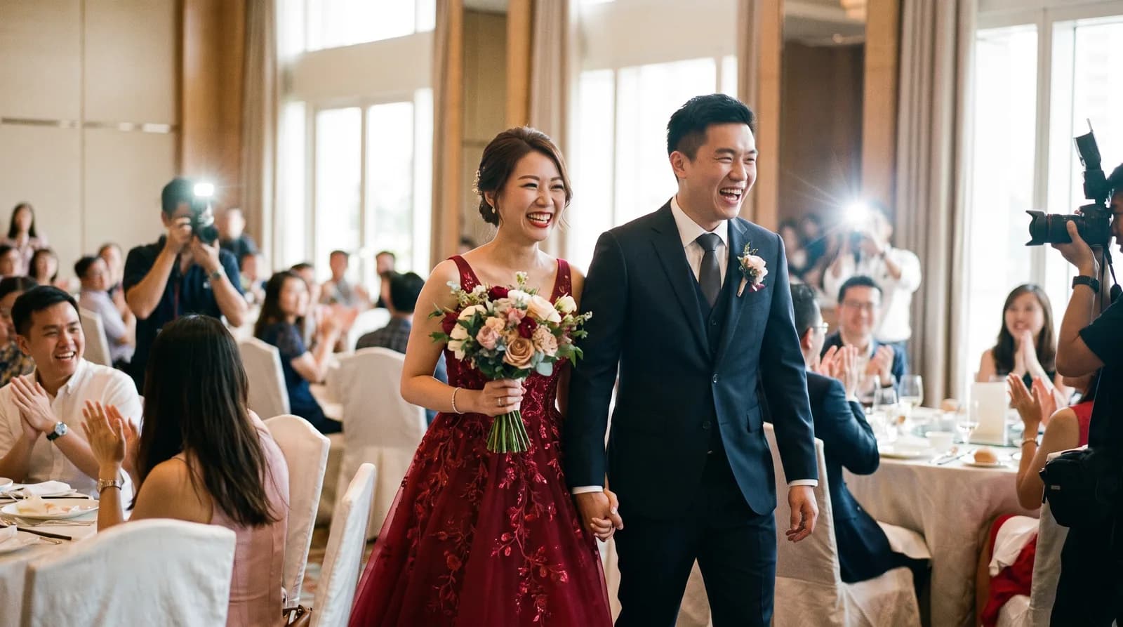 A Chinese bride in an evening gown making her second march in at a banquet