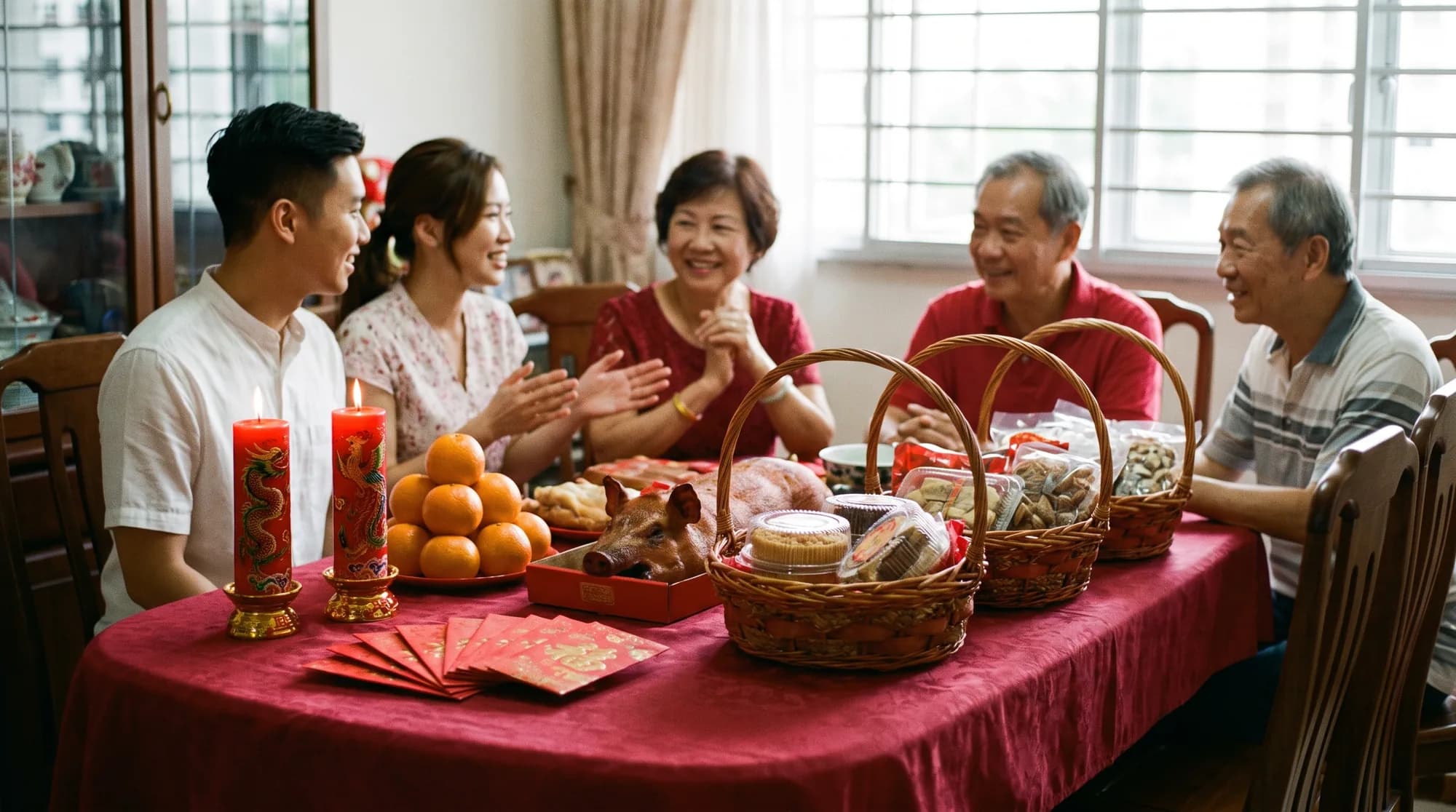 A Chinese betrothal Guo Da Li gift set laid out on a red cloth: dragon and phoenix candles