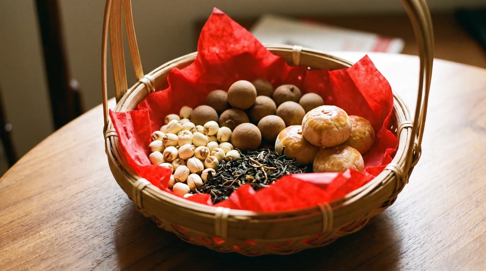 A close up of a traditional Chinese betrothal basket with red paper