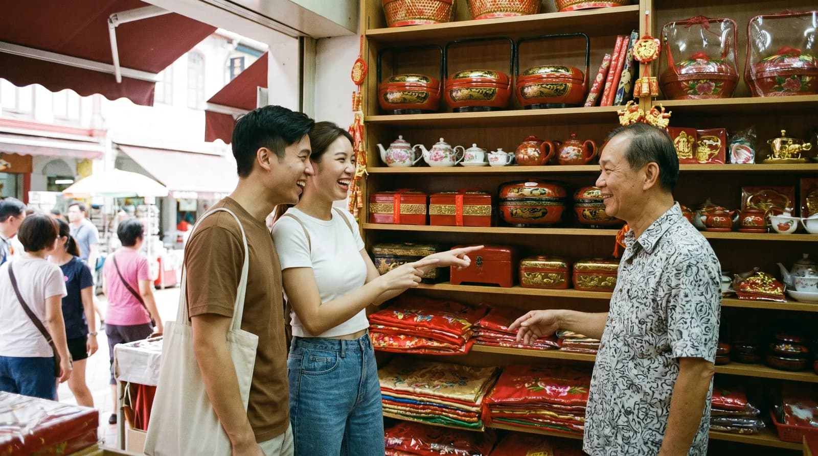 A couple at a Chinatown shop selecting Guo Da Li items with a shopkeeper