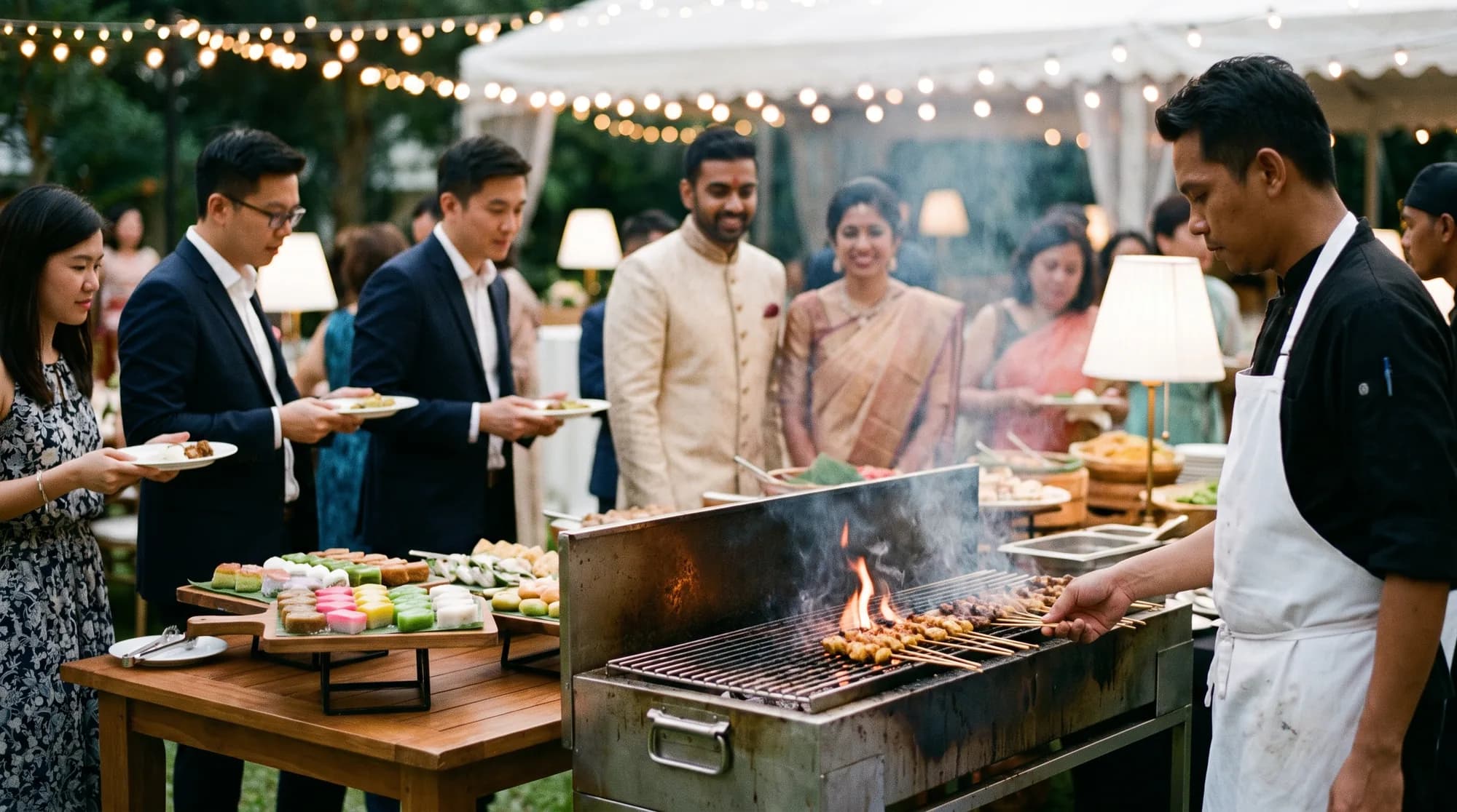 A live food station at a Singapore wedding reception with a chef preparing satay over a grill and a kueh station beside it