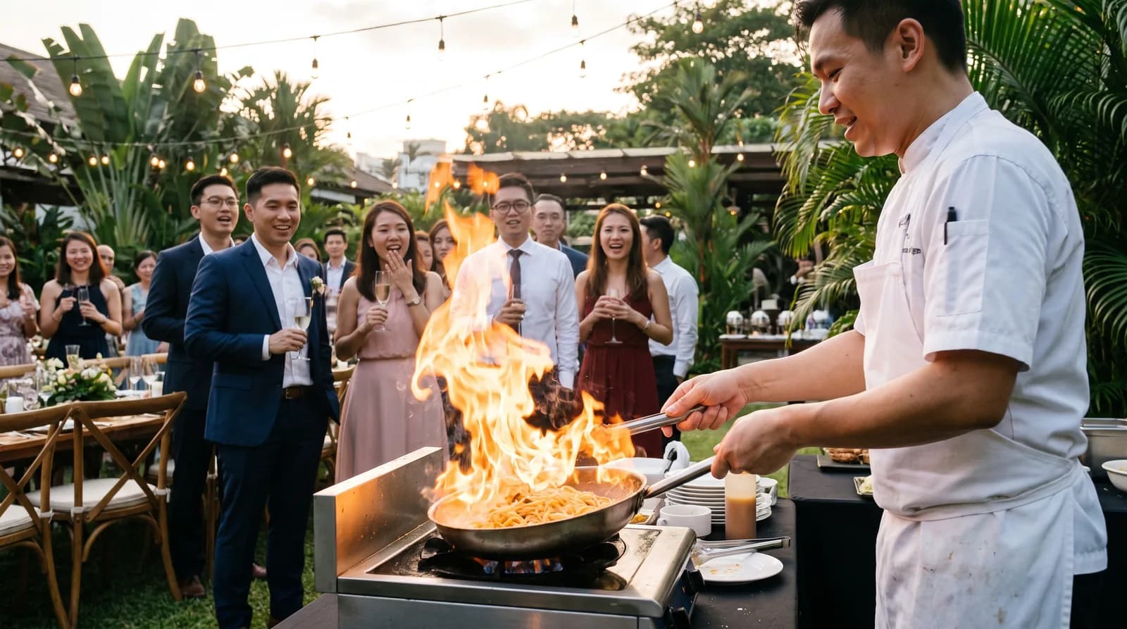 A chef at a live pasta station flambeing a pan as guests watch