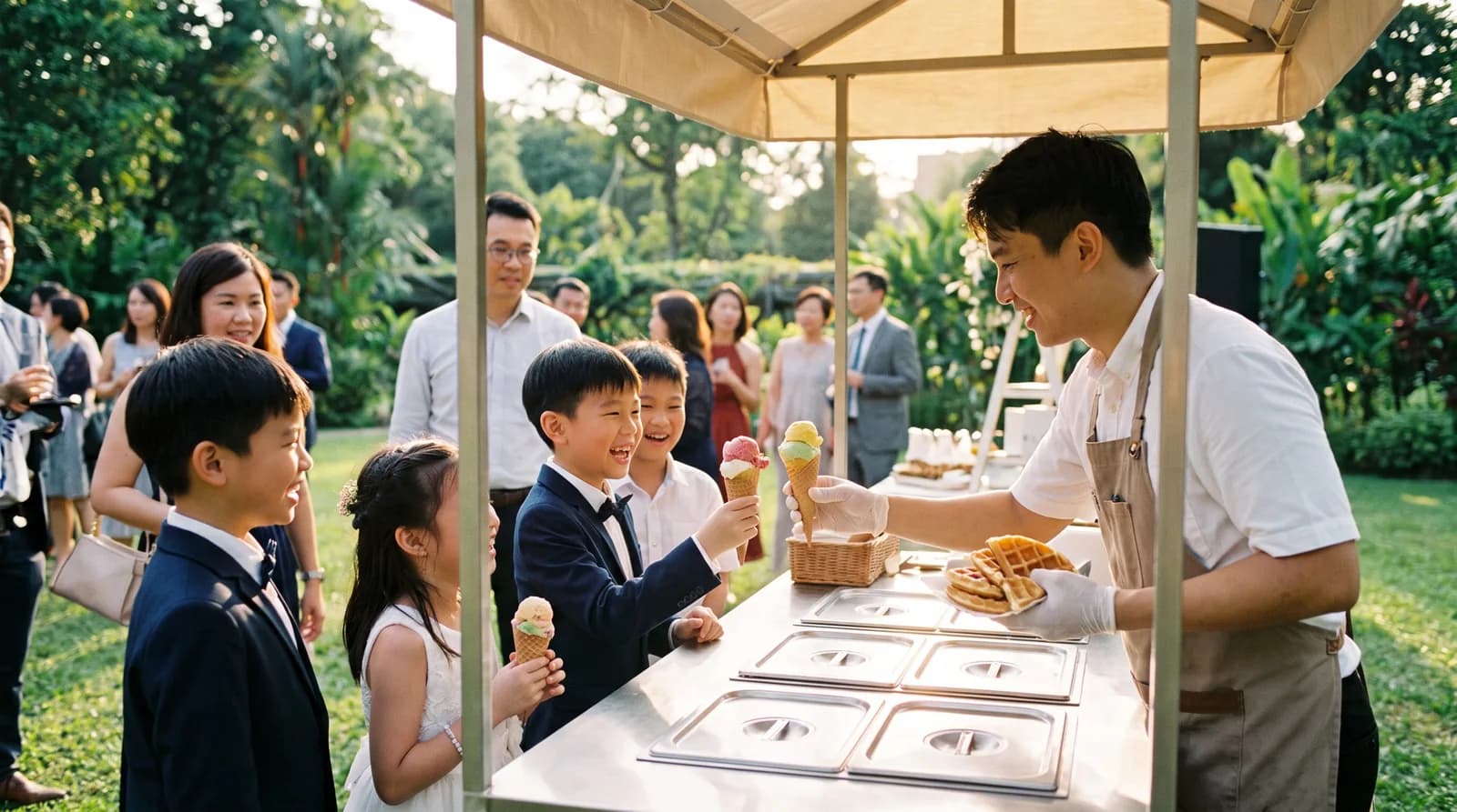 A dessert station with ice cream and waffles being served to children at a wedding