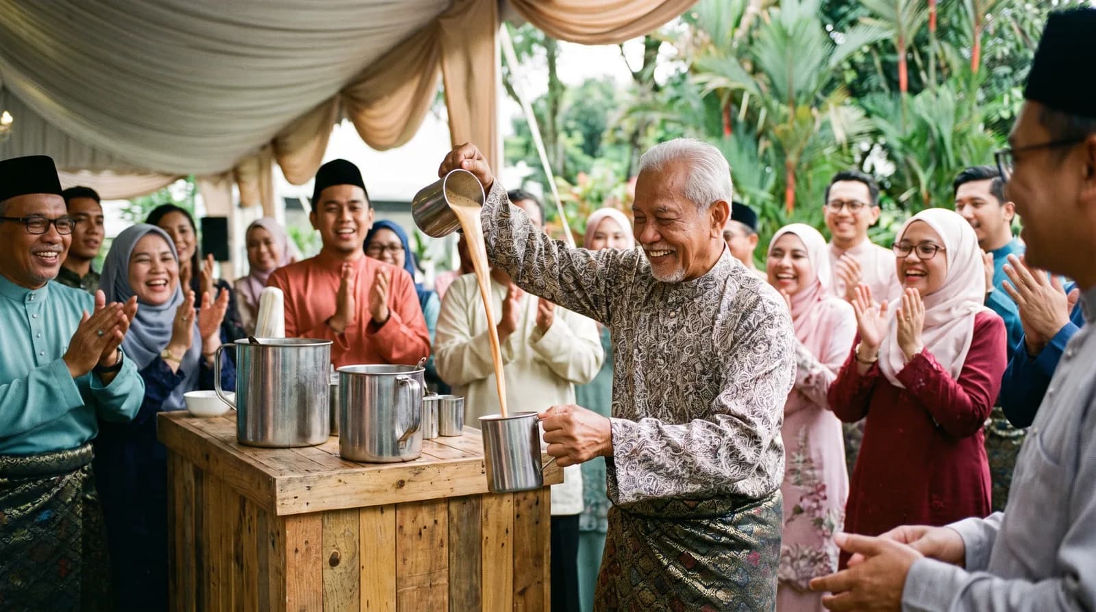 A teh tarik pulling demonstration at a live drinks station at a Malay wedding reception