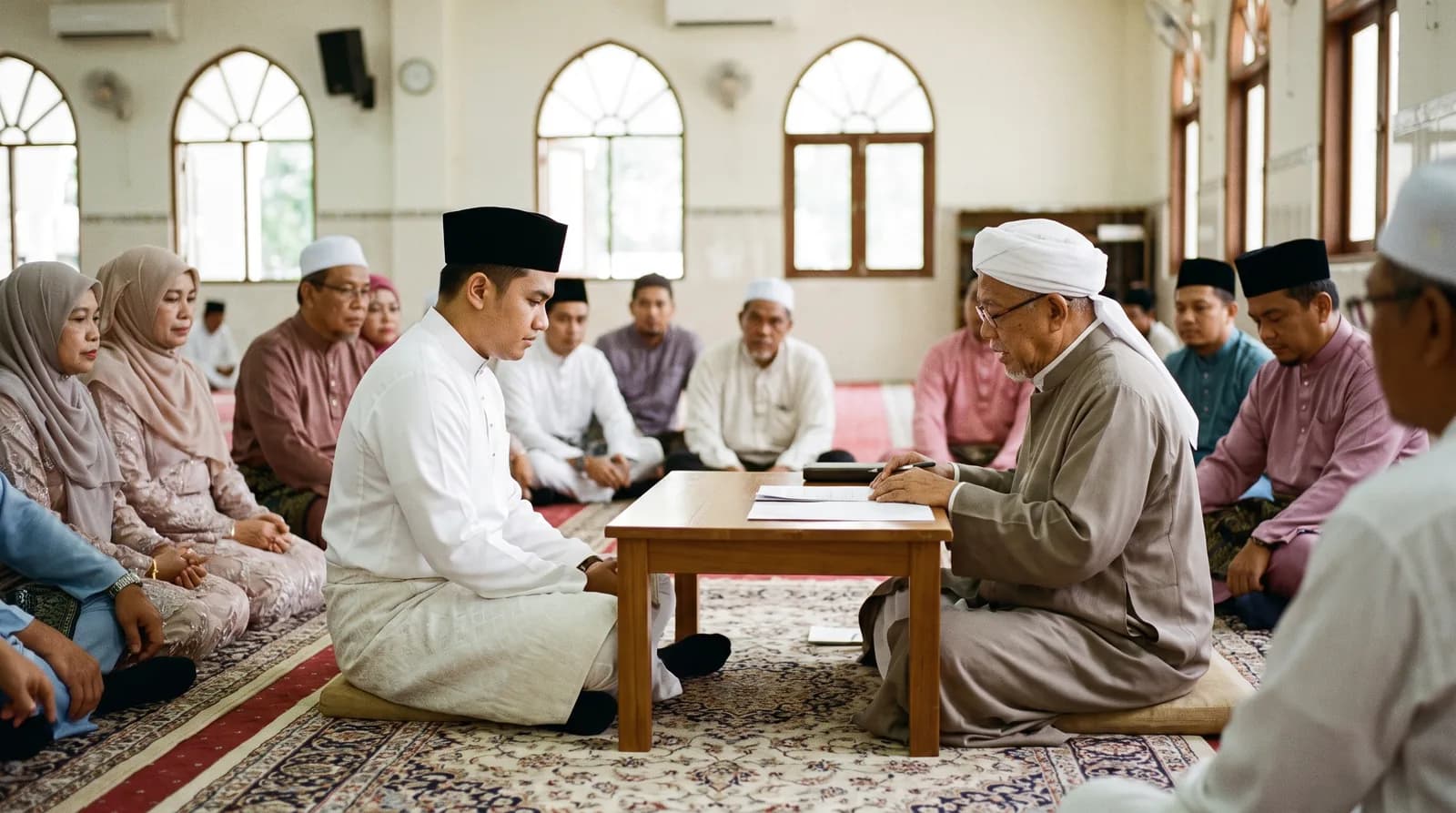A nikah ceremony at a mosque with the groom and the kadi at a table