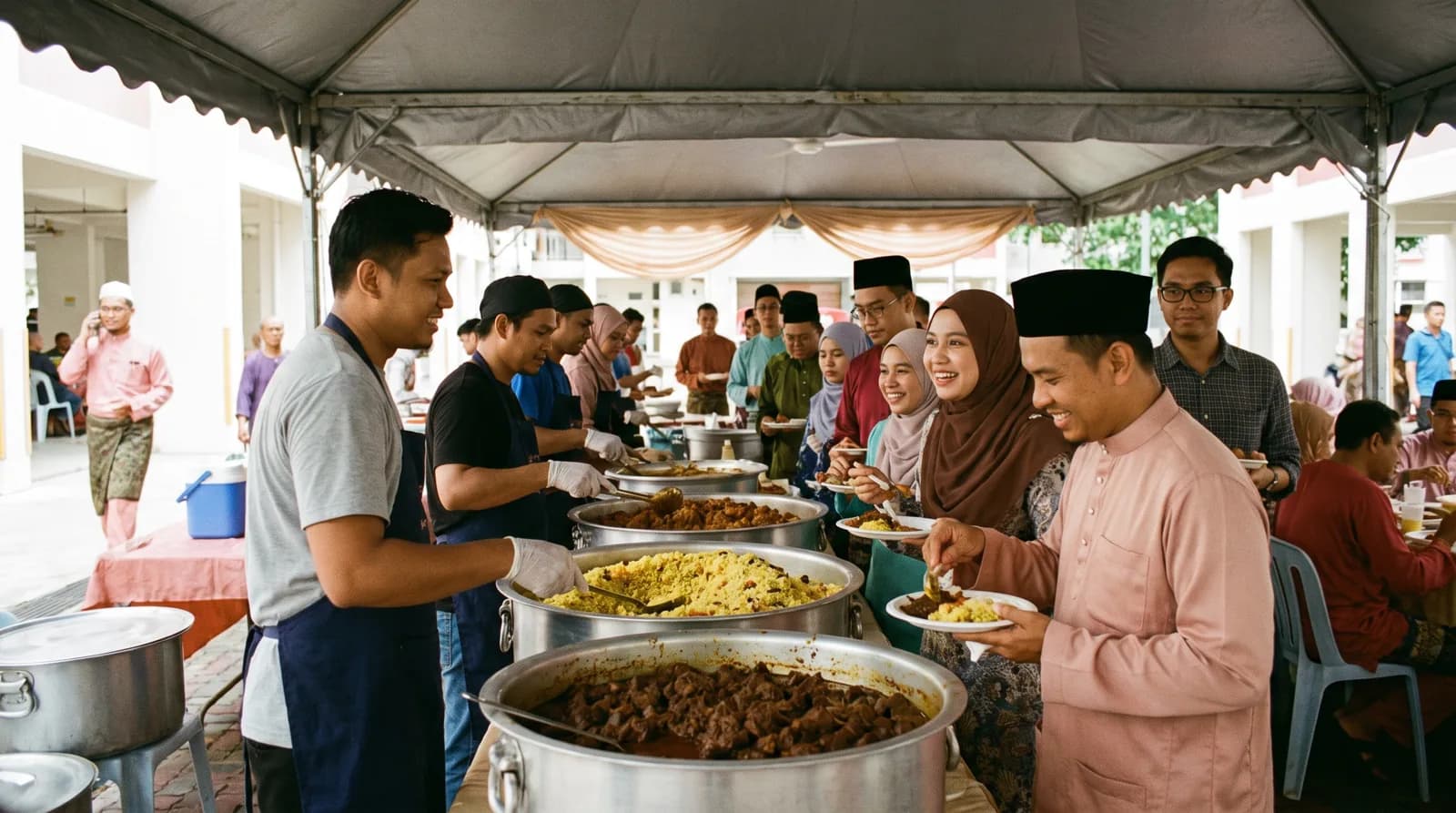 A Malay wedding catering tent with large pots of nasi minyak and rendang being served to guests at a void deck.