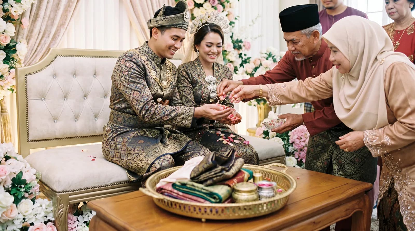 The bersanding couple on the dais with a dulang gift tray in the foreground
