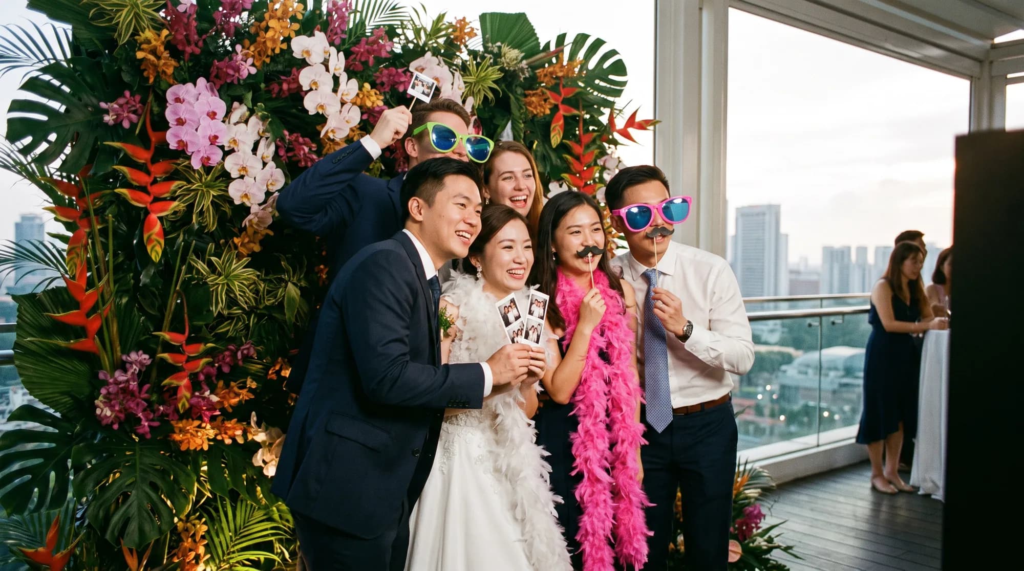 Guests posing with fun props in a photobooth with a floral backdrop at a Singapore wedding reception