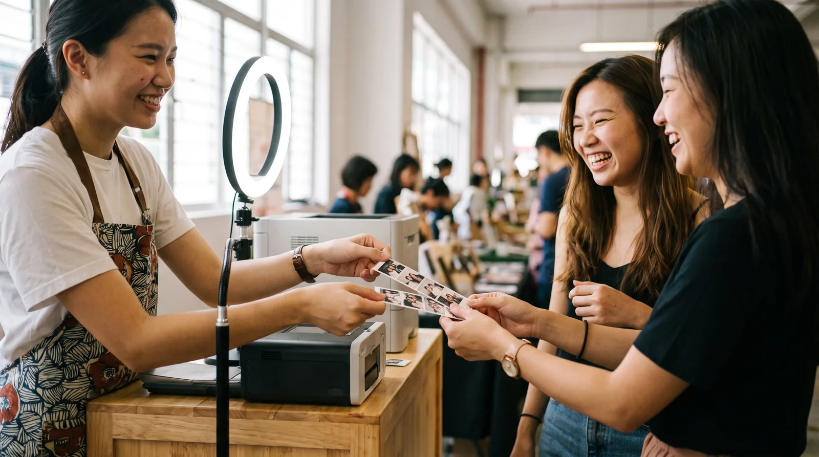 A photobooth attendant handing a strip of instant prints to laughing guests