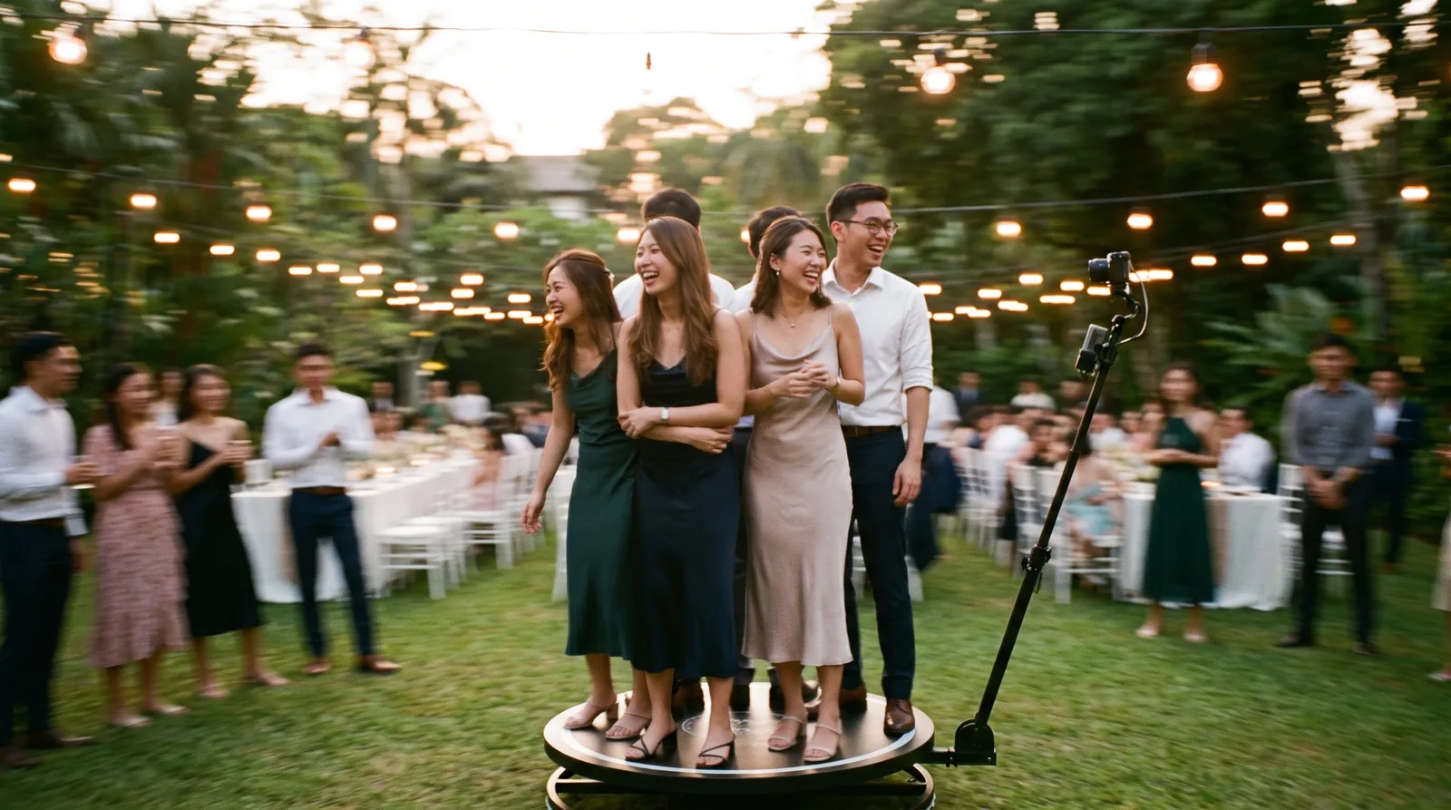 A 360 video booth platform spinning around a group of friends at a wedding