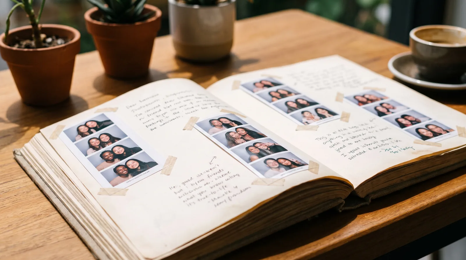 A guestbook with photobooth prints stuck in and handwritten notes