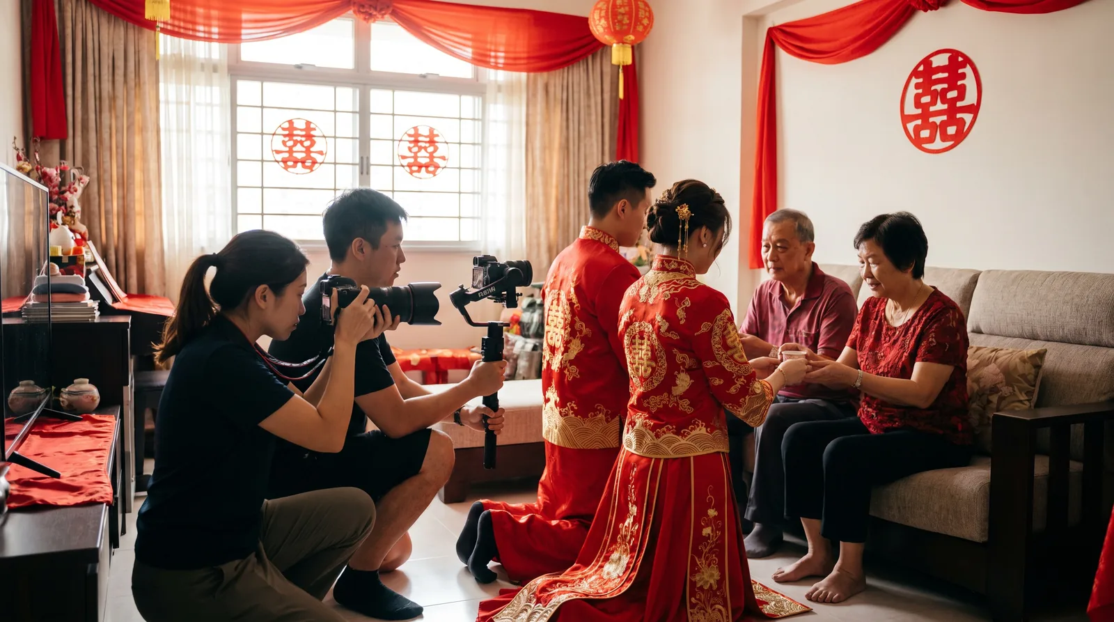 A wedding photographer and a videographer with a gimbal working side by side during a Chinese tea ceremony in an HDB flat living room