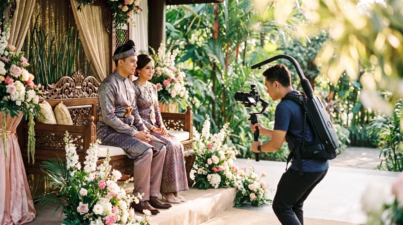 A Malay couple in traditional baju outfits seated on a decorated pelamin dais with a videographer filming from the aisle