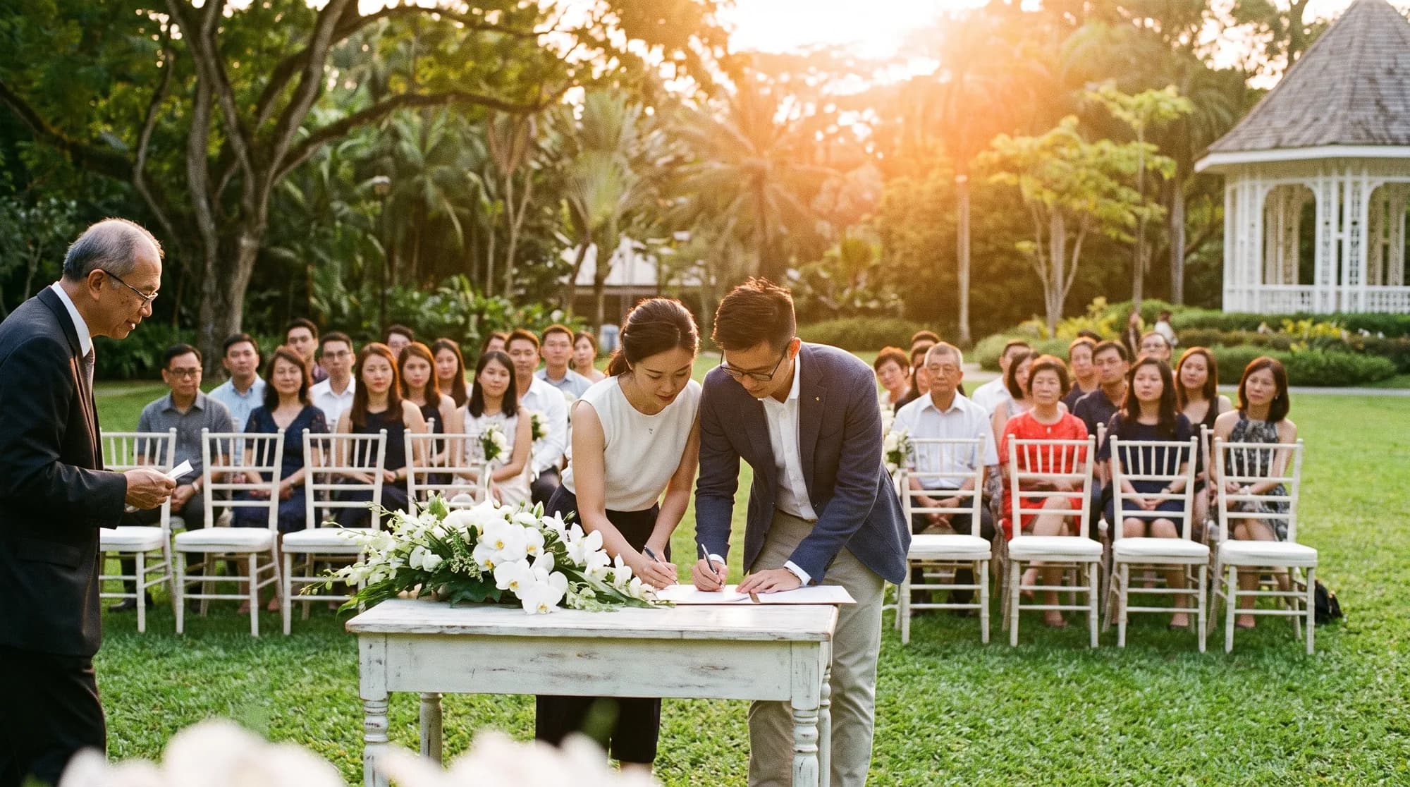 A solemnisation ceremony on a garden lawn in Singapore at the Botanic Gardens