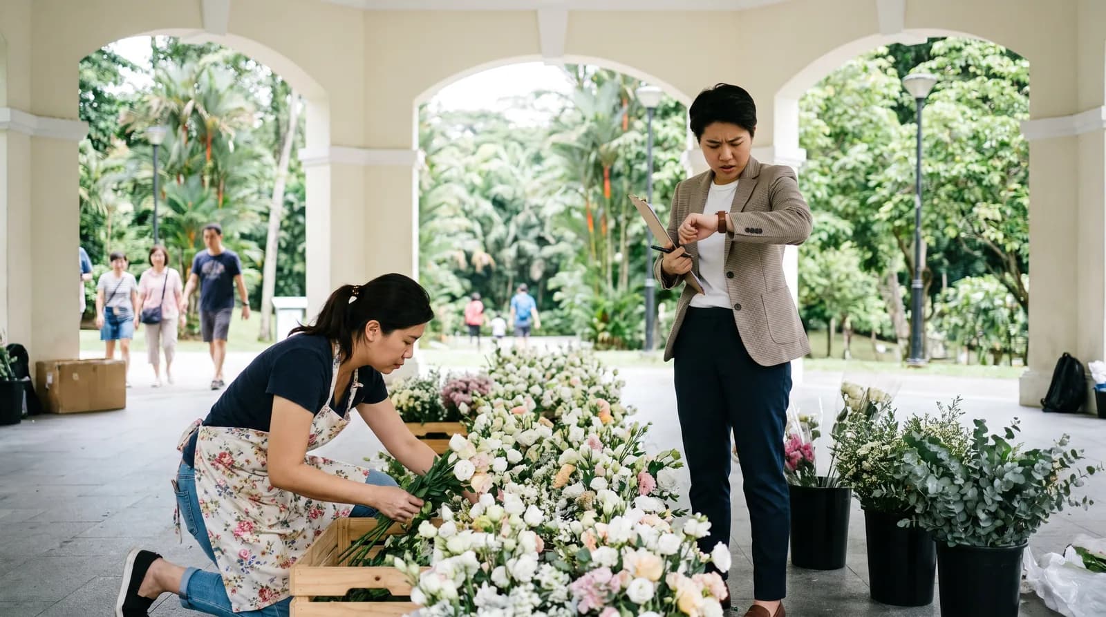 A florist setting up an aisle of flowers in a park pavilion while a planner looks at a watch
