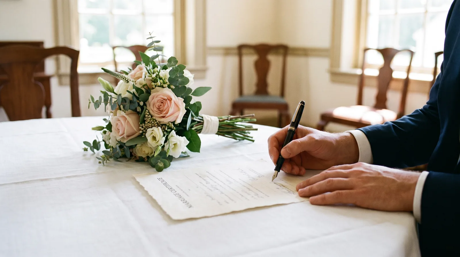 A couple's hands signing a marriage certificate with a fountain pen on a white cloth table with a small bouquet