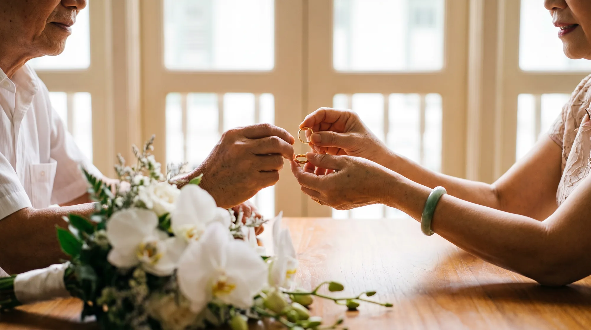 A Singaporean Chinese couple's hands exchanging simple gold wedding bands at a solemnisation