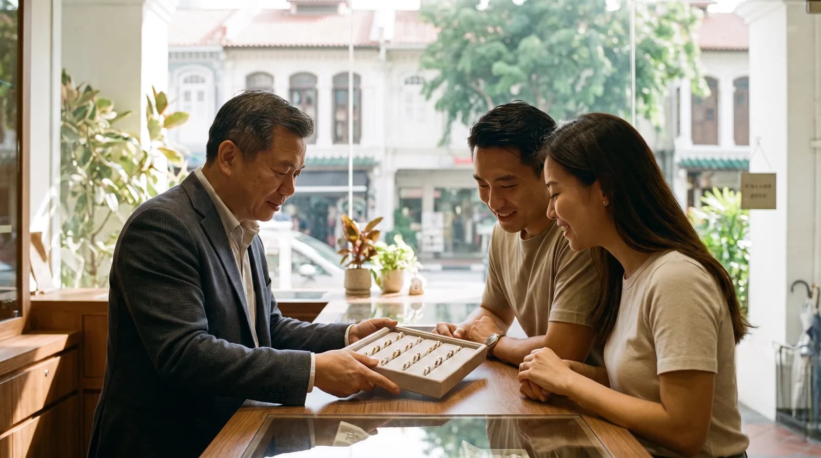 A jeweller showing a tray of plain gold and platinum wedding bands to a couple at a counter in a Singapore jewellery store