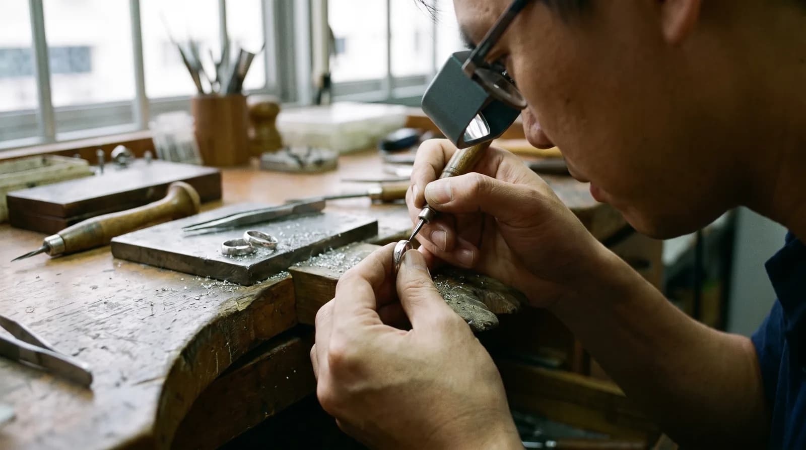 A close up of two wedding bands being engraved under a magnifier by a craftsman.