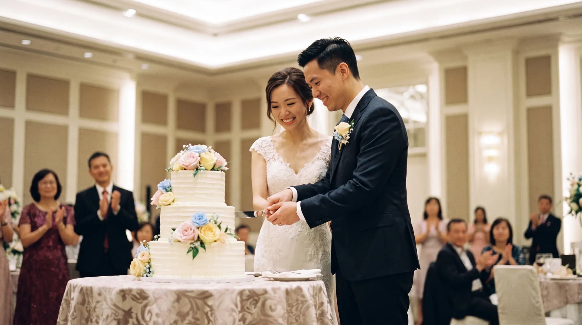 A three-tier white wedding cake with fresh pastel flowers on a styled table in a Singapore hotel ballroom