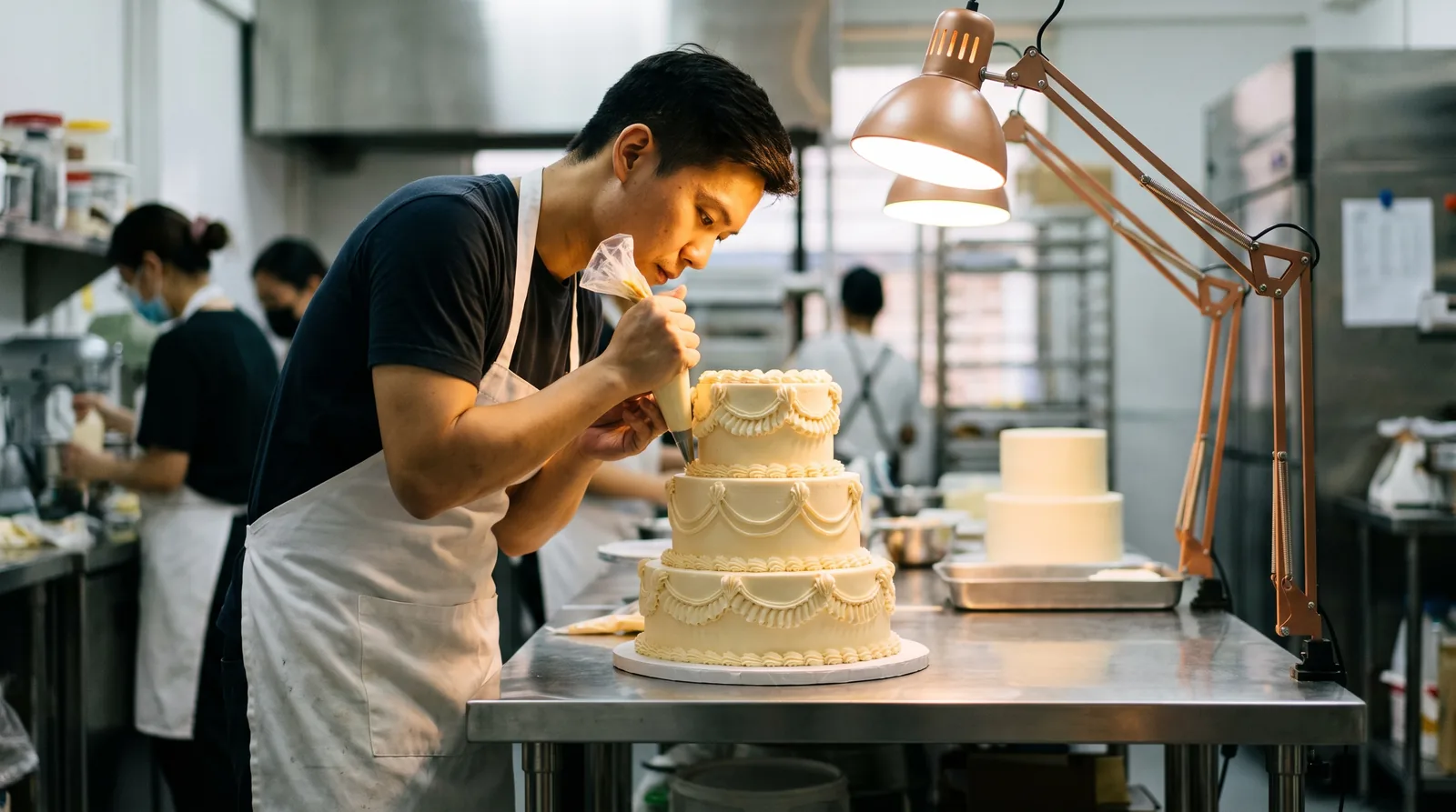 A baker piping buttercream on a tall wedding cake in a bakery kitchen