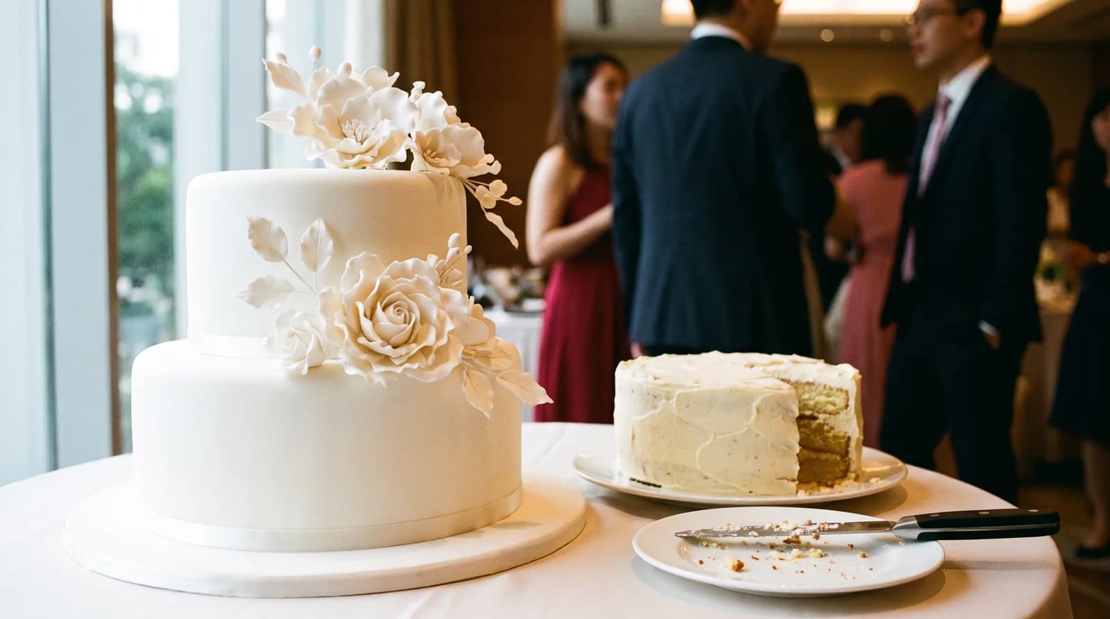 A dummy display cake beside a smaller real cutting cake at a banquet