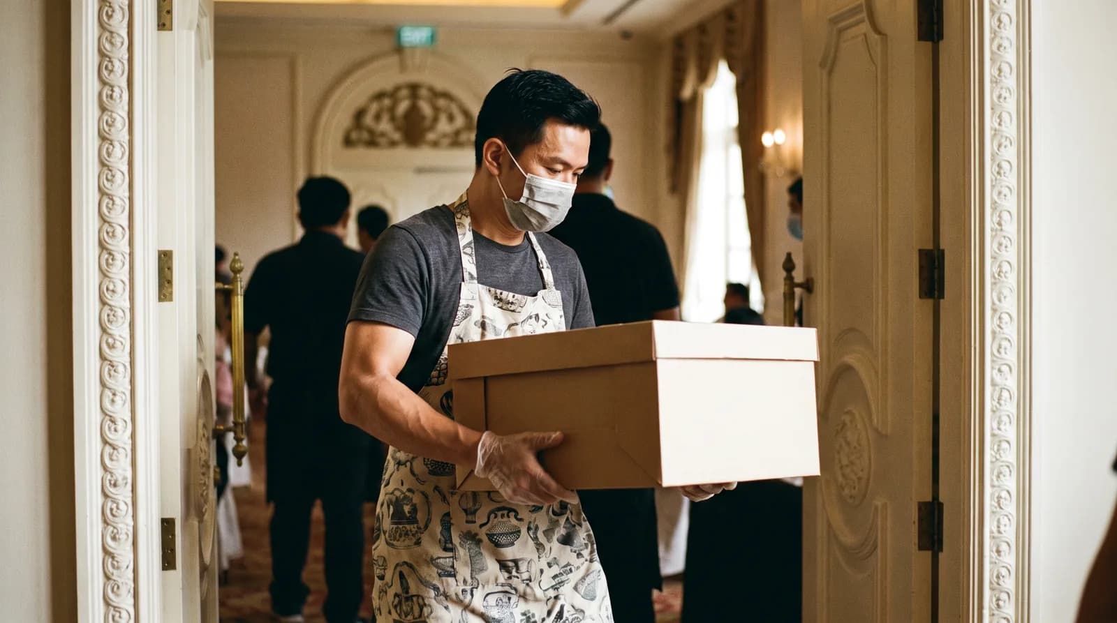 A cake delivery box being carried into a ballroom by a baker