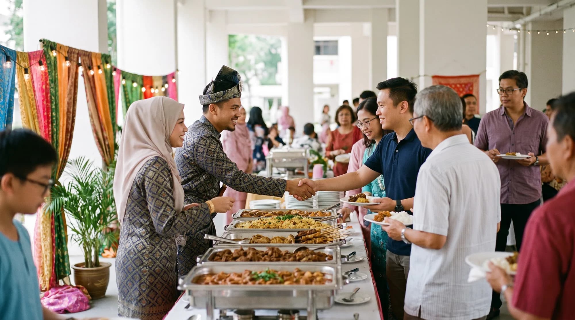 A buffet line at a wedding reception in a Singapore void deck turned event hall