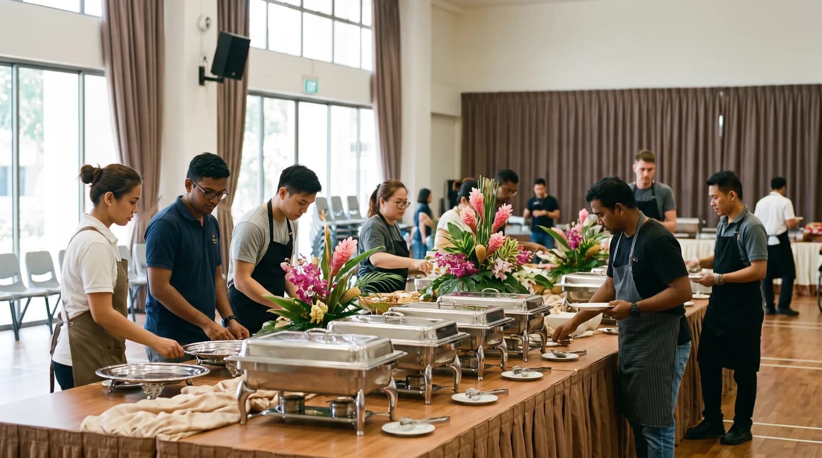 A catering team setting up a long buffet table with chafing dishes and floral decor in a multi-purpose hall