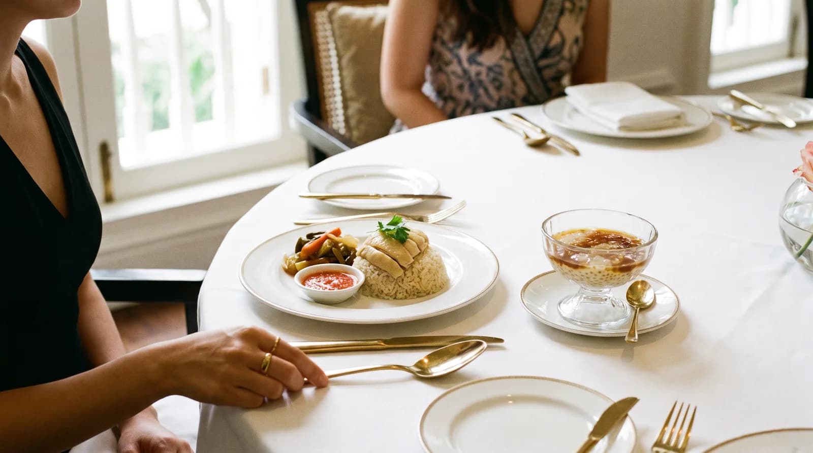 A close up of a plated wedding lunch with local dishes and a dessert