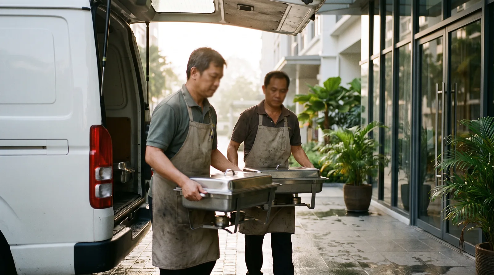 Caterers loading food warmers from a van into a condominium function room