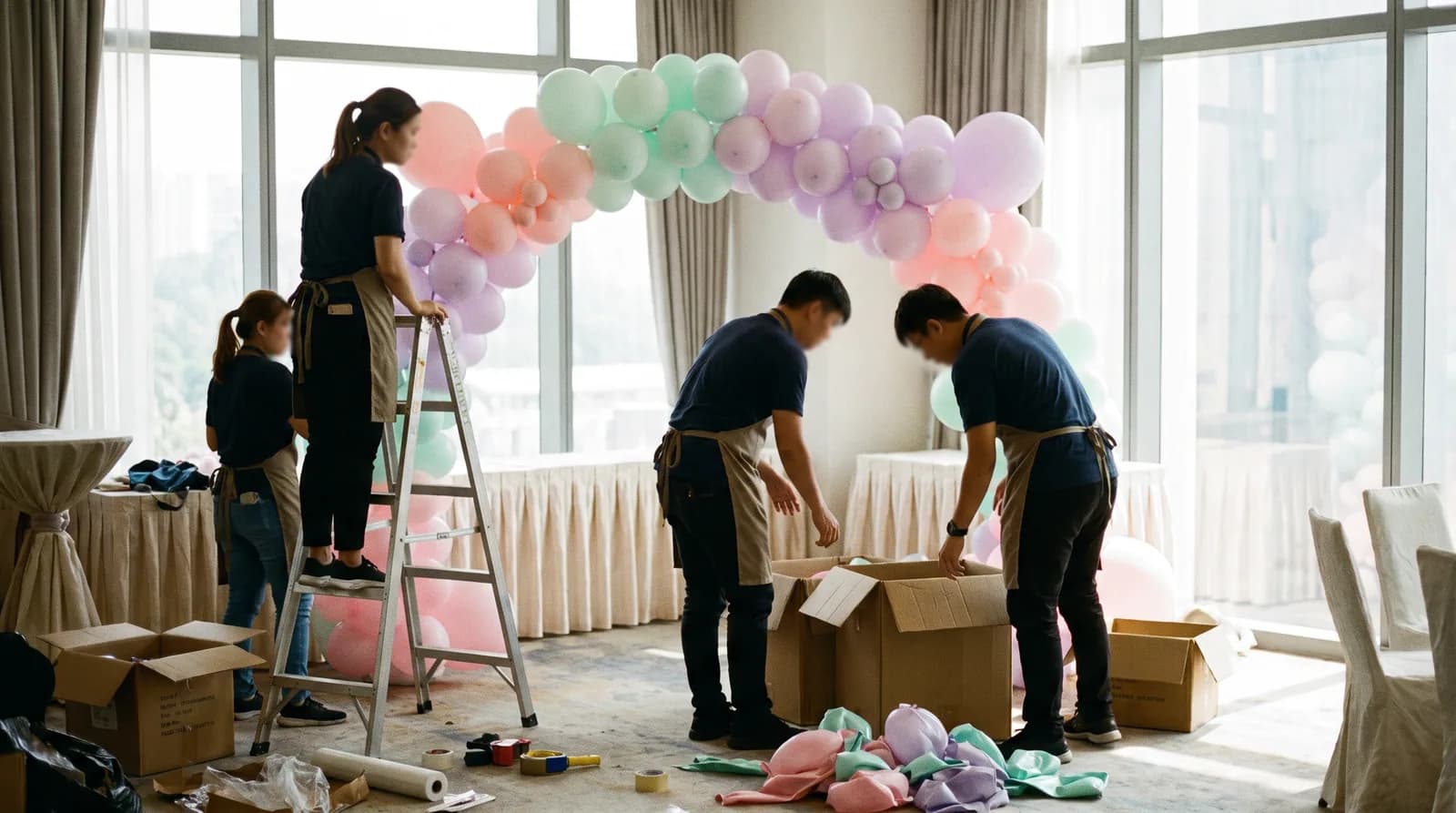 A stylist crew setting up a large pastel balloon garland arch in a function room