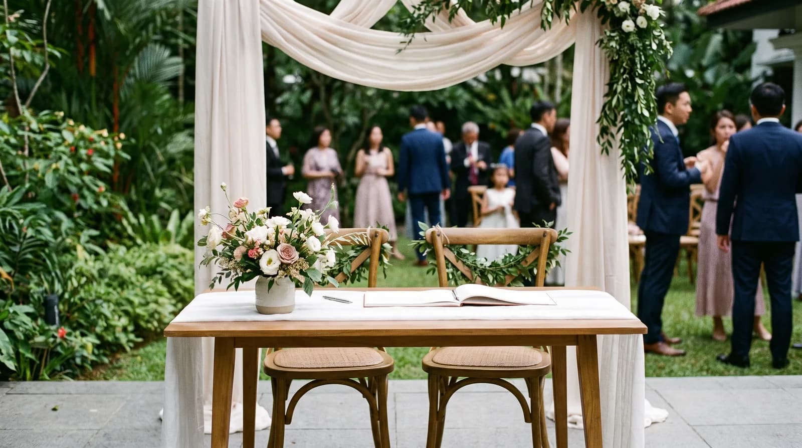 A styled solemnisation table with a white cloth