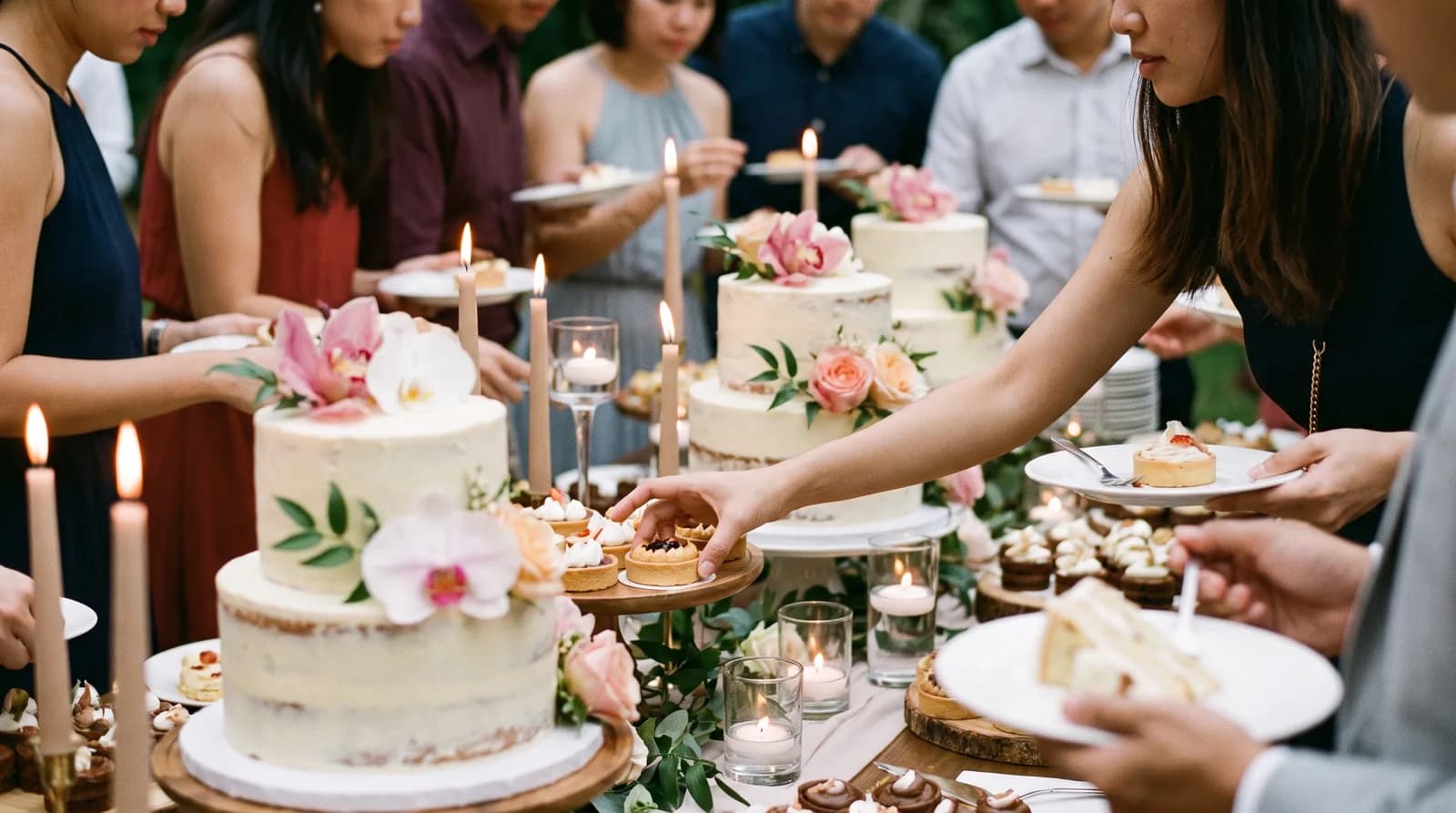 A dessert table with cakes and pastries styled with flowers and candles at a wedding reception