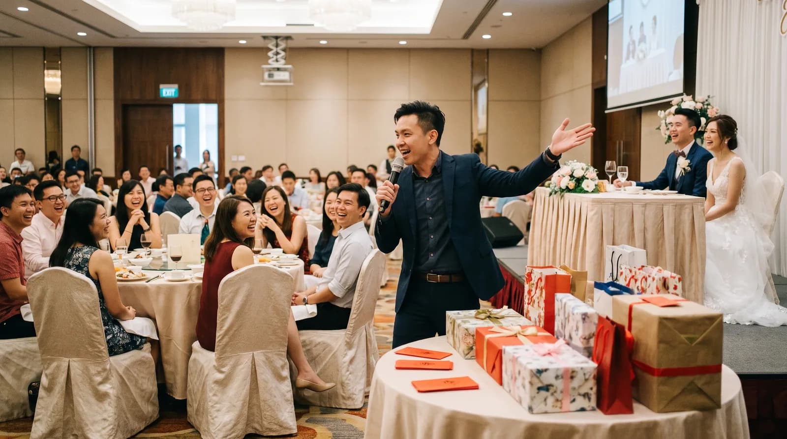 An emcee hosting a lively game at a wedding banquet