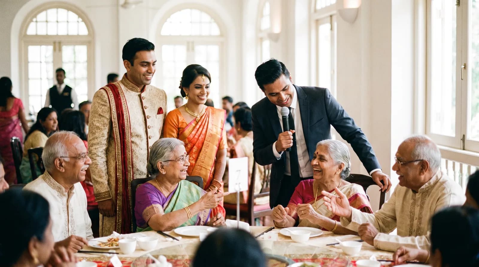 An Indian couple at a reception with an emcee speaking to elderly relatives at the front table