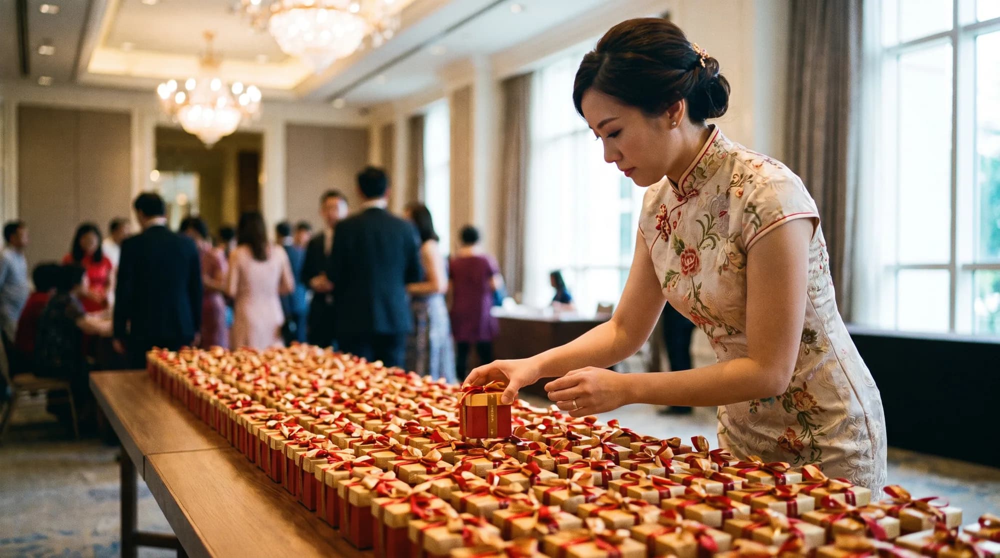 Rows of small wedding favour boxes tied with ribbon arranged on a banquet table in Singapore