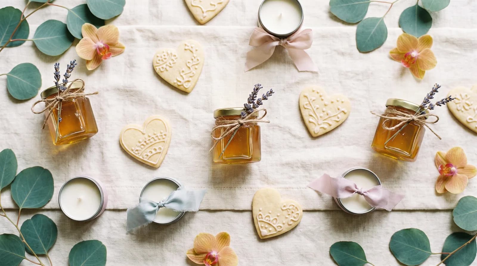 A close up of wedding favours: small jars of honey